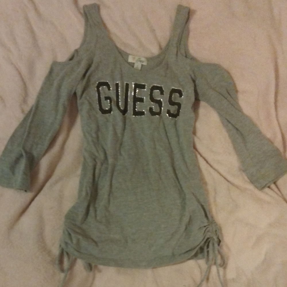 Guess Gray Cold Shoulder Top with Sequin Logo